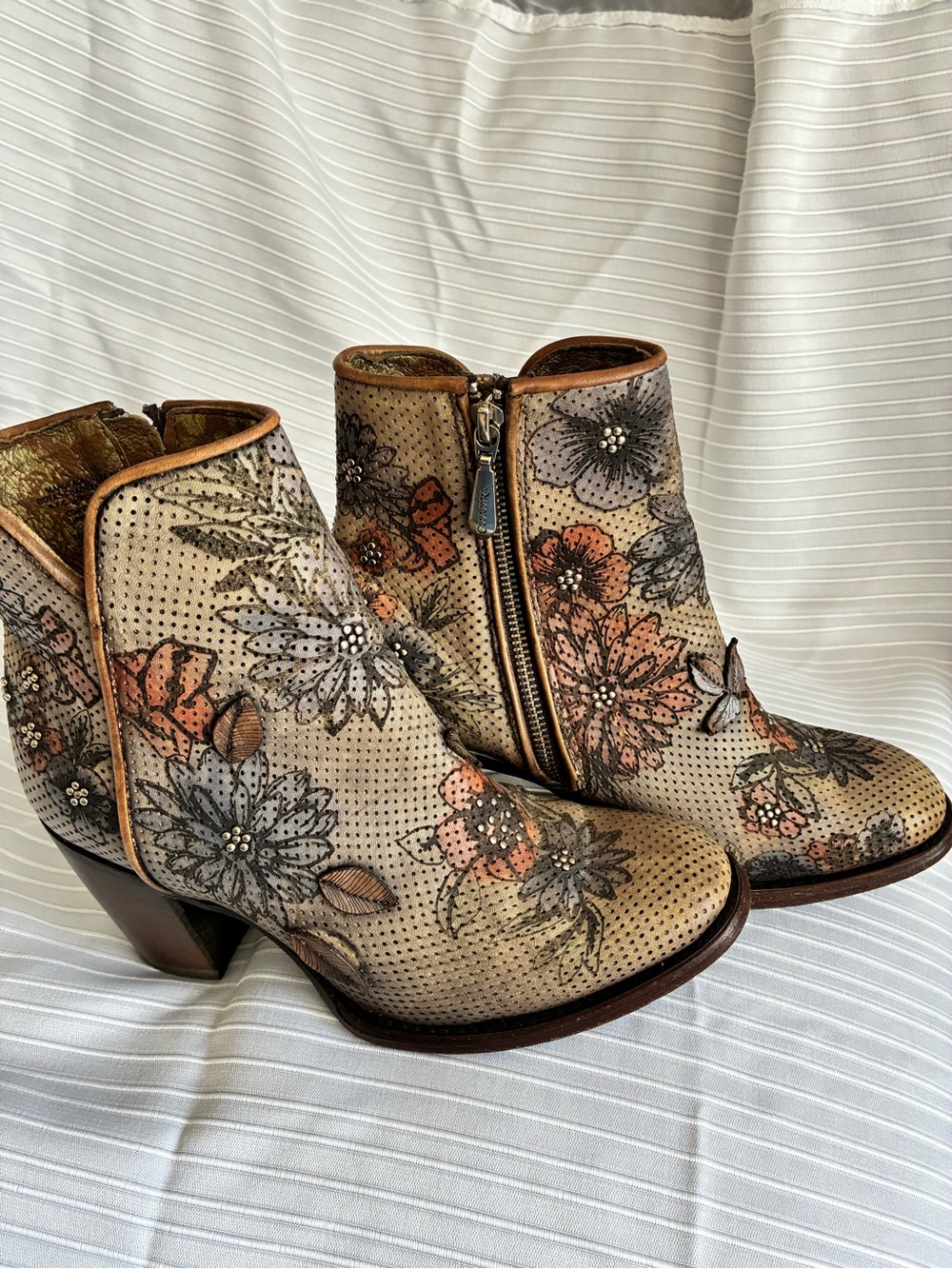 Floral Embroidered Ankle Booties in Beige and Tan